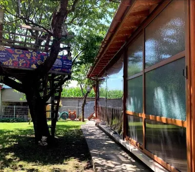 a house with a tree next to a window at Роден Край Homeland in Sopot