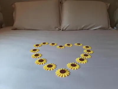 a heart made out of flowers on a bed at Вила МАЯ in Krayni Dol