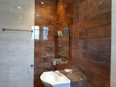 a bathroom with a sink and a shower at Вила МАЯ in Krayni Dol