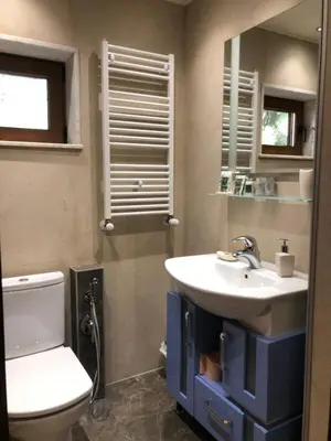 a bathroom with a sink and a toilet and a mirror at Luxury Villa Borina in Zheleznitsa