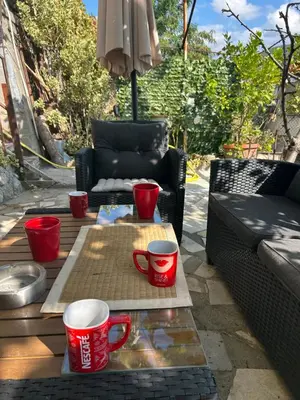 a patio with a table with red cups on it at Didi Park House къща с две спални in Sandanski
