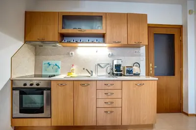 a kitchen with wooden cabinets and a sink at MyPlace Pamporovo апартаменти за отдих in Pamporovo