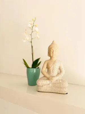 a statue sitting next to a vase with a flower at Pirin Golf Studio Apartment in Razlog