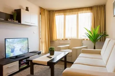 a living room with a couch and a tv at Апартамент DIMANI-Апартхотел Форест Нук Пампорово in Pamporovo
