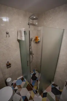 a bathroom with a shower and a toilet at GUEST SUITE Narodno horo in Sofia