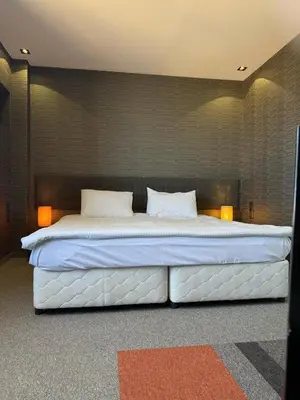 a bedroom with a large bed with two pillows at Boutique Hotel Kanyon in Sofia