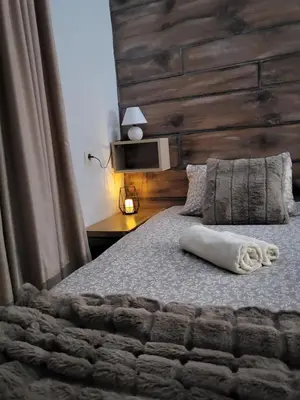 a bedroom with a bed with a wooden wall at Boina House in Bansko