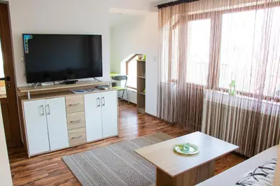 a living room with a flat screen tv on a cabinet at ALBISTO Dragalevtsi Luxury Apartments in Sofia