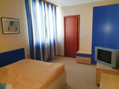 a bedroom with a bed and a tv and a door at апартамент Манастира 1 in Pamporovo