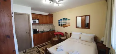 a small room with a bed and a kitchen at Луксозно студио в Банско - малко кътче от рая. in Bansko