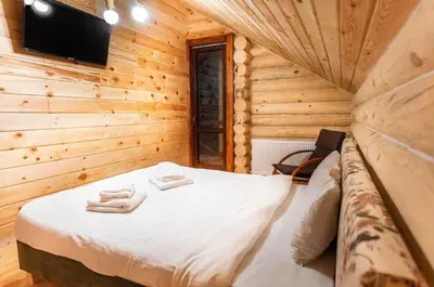 a bedroom with a bed in a wooden room at Власовъ in Pamporovo