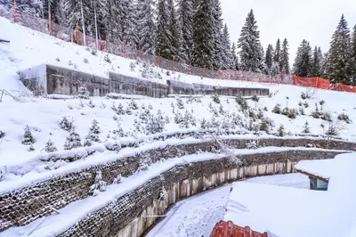 a garden covered in snow with trees in the background at Grand Monastery Violet Apartment With One Bedroom And A Terrace in Pamporovo