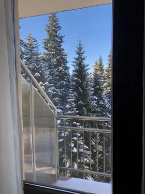 a window with a view of snow covered trees at Flora Apartment 612A in Borovets
