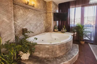 a large bathroom with a tub with plants and a tv at Хотел Том и Нези Класик in Velingrad