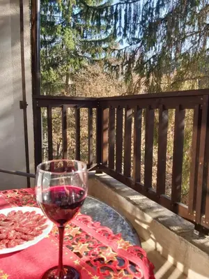 a glass of wine sitting on a table on a balcony at Apartment Krasi in Velingrad