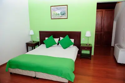 a bedroom with a large bed with green sheets and pillows at Self Catering Chalet Kulina in Bansko
