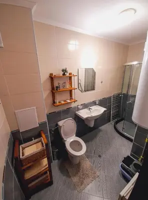 a bathroom with a toilet and a sink at Studio 6,Smolyan lakes in Smolyan