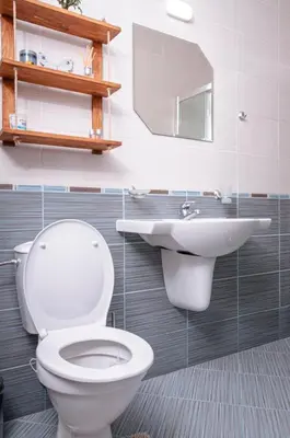 a bathroom with a toilet and a sink at Studio 6,Smolyan lakes in Smolyan