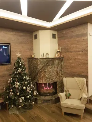 a christmas tree in a living room with a fireplace at Къща за гости Амая - Сандански in Sandanski