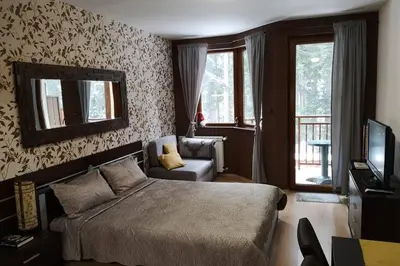 a bedroom with a bed and a chair and a television at Studio 1 Iceberg Borovets in Borovets