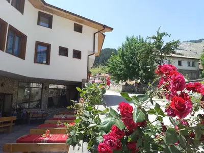 a courtyard with red roses in front of a building at Къща за гости Камината in Trigrad