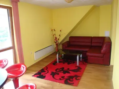 a living room with a red couch and a red rug at Tzvetelina Palace Hotel in Dolna Banya