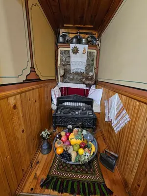 an overhead view of a bowl of fruit in a boat at Hotel Rai in Koprivshtitsa