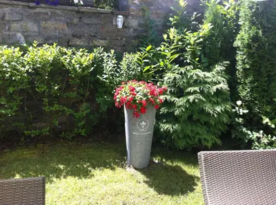 a vase filled with red flowers in a garden at Villa Vuchev in Velingrad