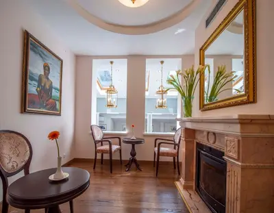 a living room with a fireplace and a mirror at The Moon Boutique Hotel in Sofia