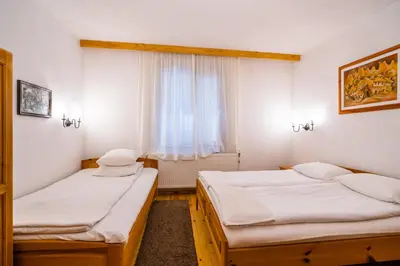 two beds in a small room with a window at Toni's Guest House in Melnik