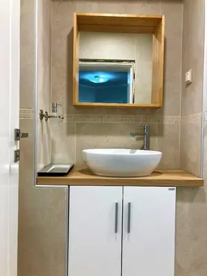 a bathroom with a white sink and a mirror at Diva Garden Apartment in Plovdiv