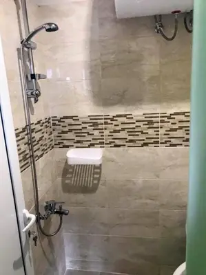 a bathroom with a shower with a sink and a toilet at Къщи за гости Михайлови in Sapareva Banya
