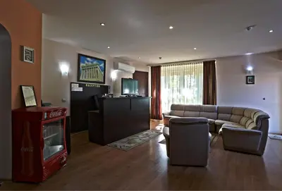 a living room with a couch and a tv at Acropolis Hotel in Pazardzhik