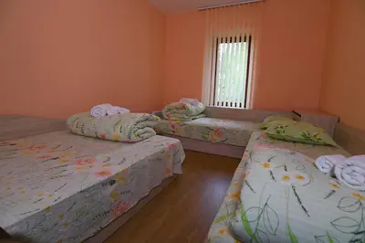 a room with three beds and a window at КЪЩА ЗА ГОСТИ “НИЯ” in Smolyan