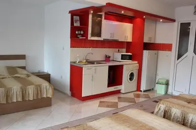 a small kitchen with a sink and a microwave at Orchideia Studios in Sandanski