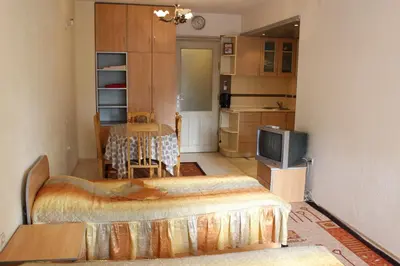 a room with two beds and a table and a tv at Orchideia Studios in Sandanski