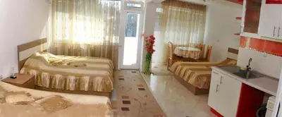 a room with two beds and a sink in it at Orchideia Studios in Sandanski