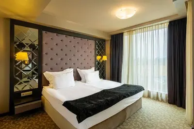 a hotel room with a large bed and a window at Royal Spa Hotel in Velingrad