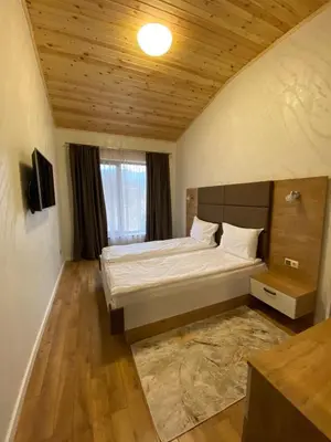 a bedroom with a large bed with a wooden ceiling at Villa Dea & Villa Ina - Villas & SPA Park in Velingrad by Flat Mаnager in Velingrad