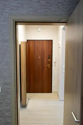 a hallway with a wooden door in a building at Roza Home in Sofia