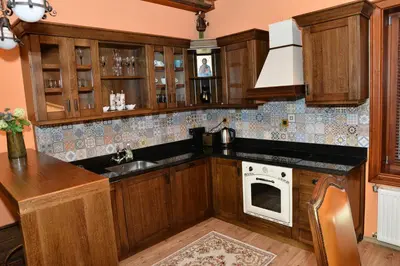 a kitchen with wooden cabinets and a sink and a stove at Moiata Kashta Villa in Popovi Livadi