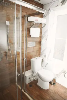 a bathroom with a toilet and a shower at Plovdiv City Center Hotel in Plovdiv