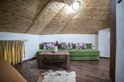 a living room with a green couch and a table at Къща за гости Алекс in Karlovo