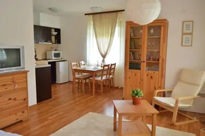 a living room with a kitchen and a dining room at Cozy studio in 