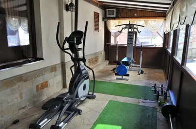 a room with a gym with a treadmill and exercise equipment at Spartak Family Hotel in Smolyan