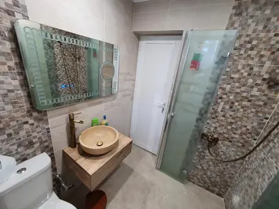 a bathroom with a shower and a toilet and a sink at Modern and Old LODGE in Sofia