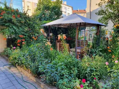 a garden with an umbrella and some flowers at Modern and Old LODGE in Sofia