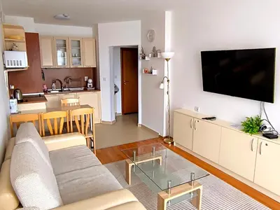 a living room with a couch and a tv on a wall at Belvedere Holiday Club Private Apartment in Bansko