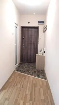 a hallway with a door and a wooden floor at Lovely City Center 1BD, 1BT Apartment in Sofia