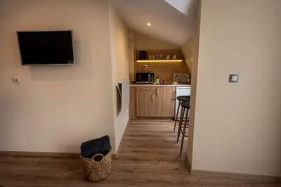 a living room with a flat screen tv on a wall at Family Hotel Konstantinovi in Kyustendil